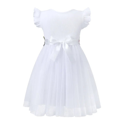 HILEELANG Toddler Little Girls White Tulle Dress, Floral Embroidered Flutter Sleeve Flower Girl Dress for Wedding Birthday Picture Day