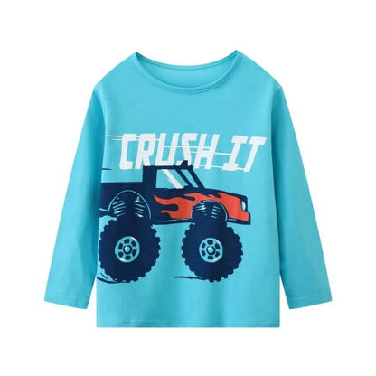 HILEELANG Toddler Boys' Long Sleeve Tee Shirt Christmas Cotton Casual Crewneck Excavator Graphic Tops T-Shirts Yellow Blue 3 Packs