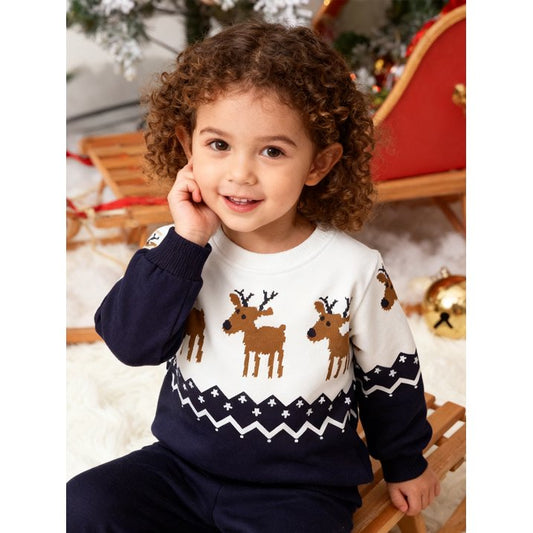 HILEELANG Toddler Boy(2-8Y) Sweatshirts Christmas Navy Blue Graphic Elk Pullover Cotton Crewneck Clothes