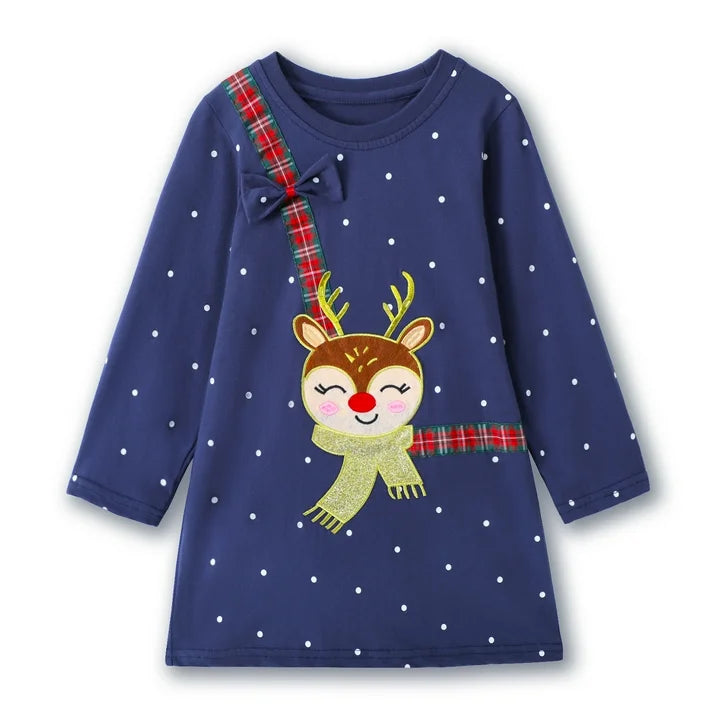 HILEELANG Toddler Girls Christmas Long Sleeve Dress Cotton Casual Navy Elk Embroidery Jersey Shirt Fall Winter Holiday Playwear Dresses 2