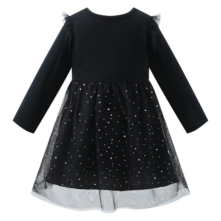HILEELANG Toddler Girl Hallowen 2-8years old Dress Long Sleeve Novelty Black Cat Graphic Glow in the Dark Tulle Tutu Party Dresses With Witch Hat
