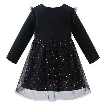 HILEELANG Toddler Girl Hallowen 2-8years old Dress Long Sleeve Novelty Black Cat Graphic Glow in the Dark Tulle Tutu Party Dresses With Witch Hat