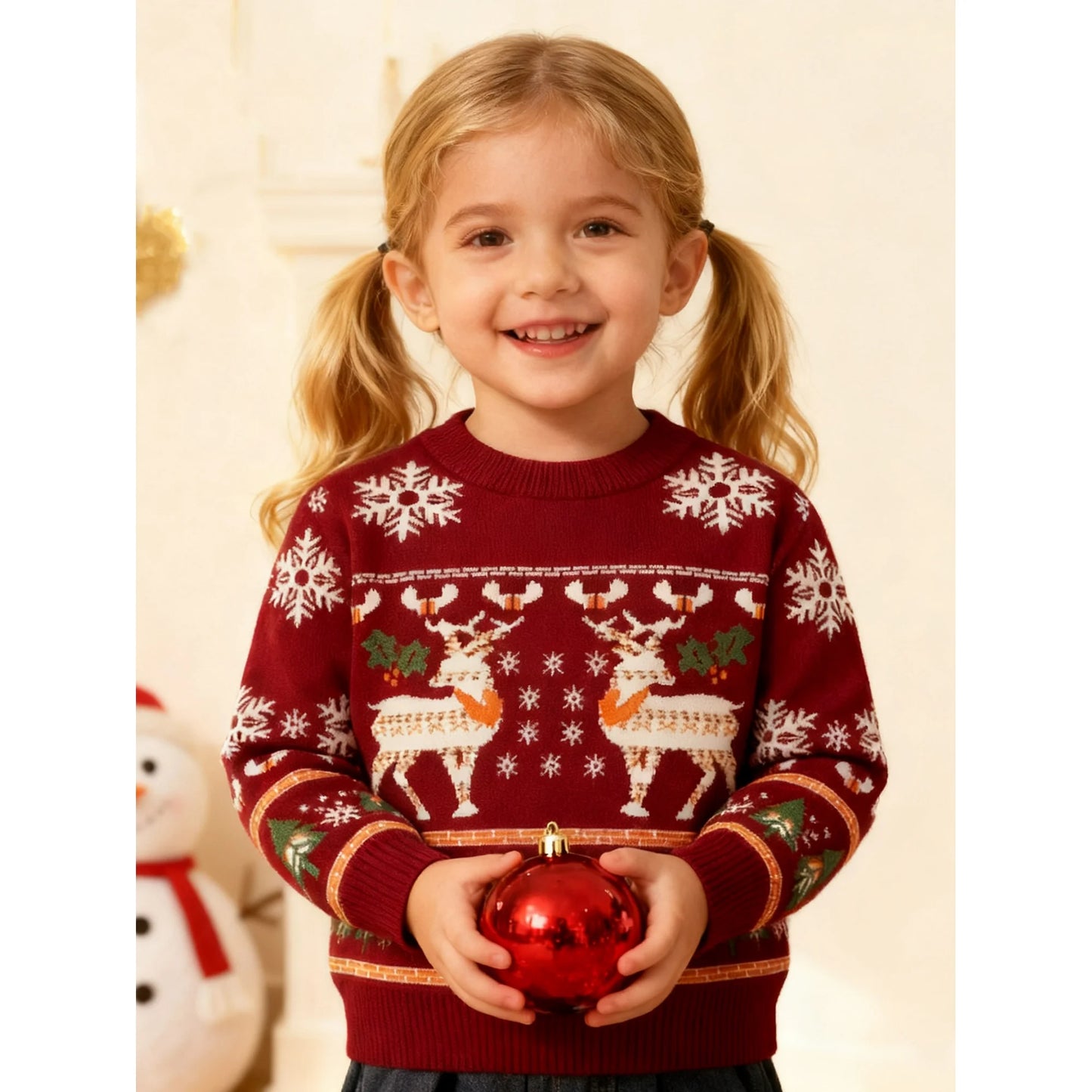 HILEELANG Toddler Boy Girl Christmas Sweater Knit Pullover Crewneck Wine Red Snow Elk Deer Sweatshirts Holiday Sweater