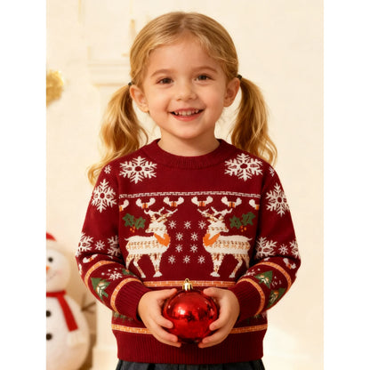 HILEELANG Toddler Boy Girl Christmas Sweater Knit Pullover Crewneck Wine Red Snow Elk Deer Sweatshirts Holiday Sweater