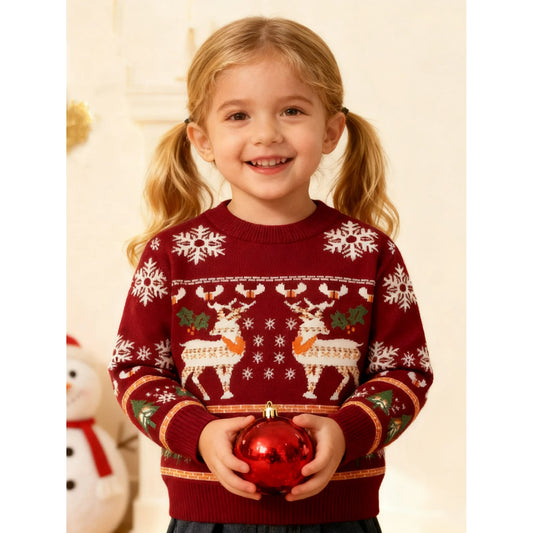 HILEELANG Toddler Boy Girl Christmas Sweater Knit Pullover Crewneck Wine Red Snow Elk Deer Sweatshirts Holiday Sweater