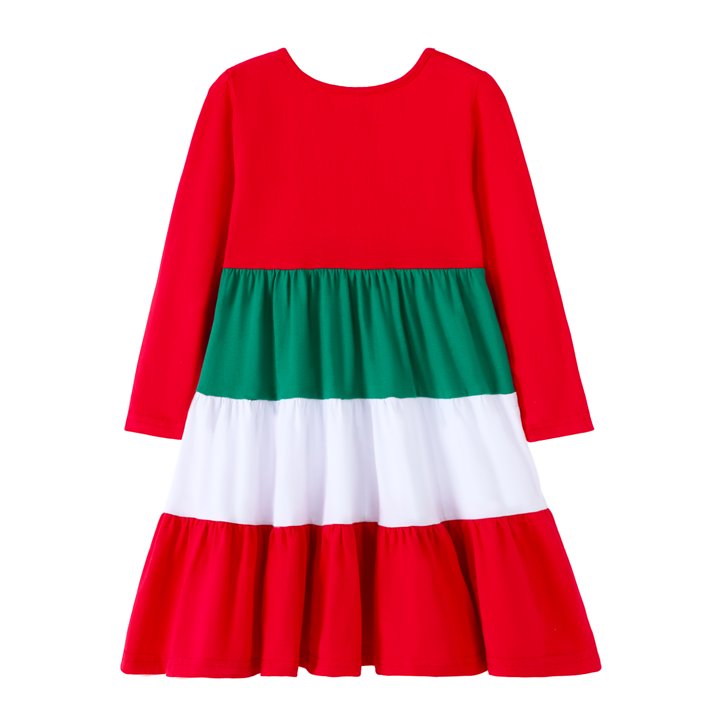 HILEELANG Girls Christmas Dress Long Sleeve CottonHoliday Outfit with Bow Red Green Tiered Festive Party Dress for Toddler Kids, Xmas Birthday Outfit Winter Clothing