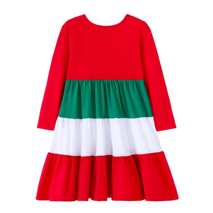 HILEELANG Girls Christmas Dress Long Sleeve CottonHoliday Outfit with Bow Red Green Tiered Festive Party Dress for Toddler Kids, Xmas Birthday Outfit Winter Clothing