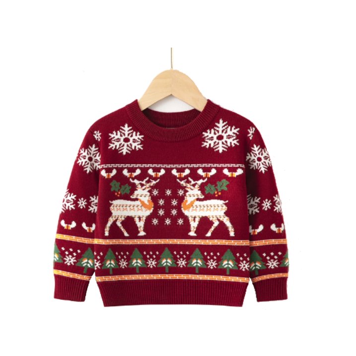 HILEELANG Toddler Boy Girl Christmas Sweater Knit Pullover Crewneck Wine Red Snow Elk Deer Sweatshirts Holiday Sweater