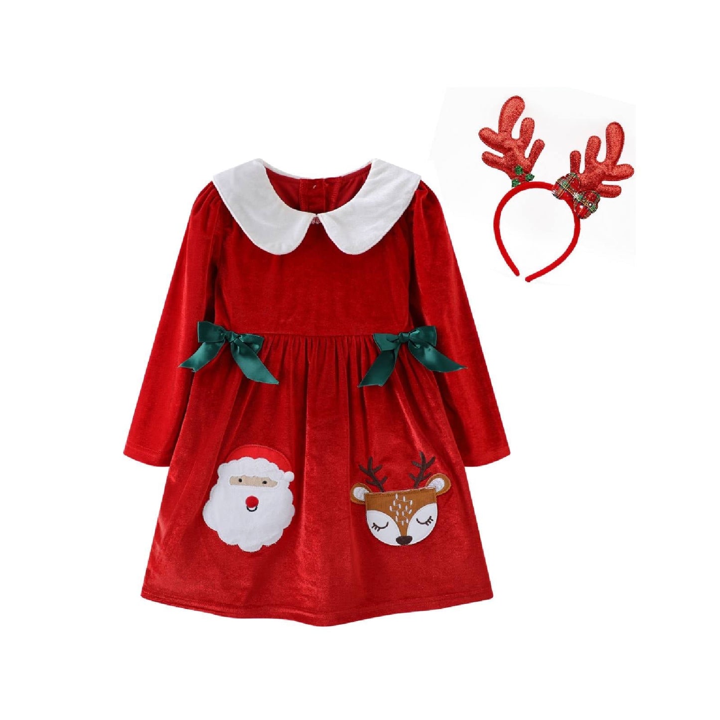 HILEELANG Toddler Girl Christmas Red Velvet Dress Long Sleeve Peter Pan Collar Elk Applique Party Dress with Hair Band