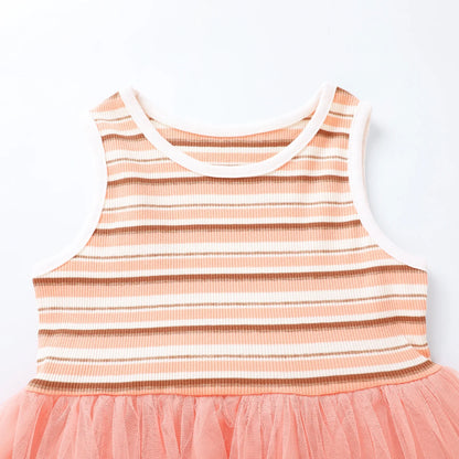 HILEELANG 2-7T Toddler Little Girls Striped Ribbed Tulle Dress, Sleeveless Peach Tutu Sundress for Summer