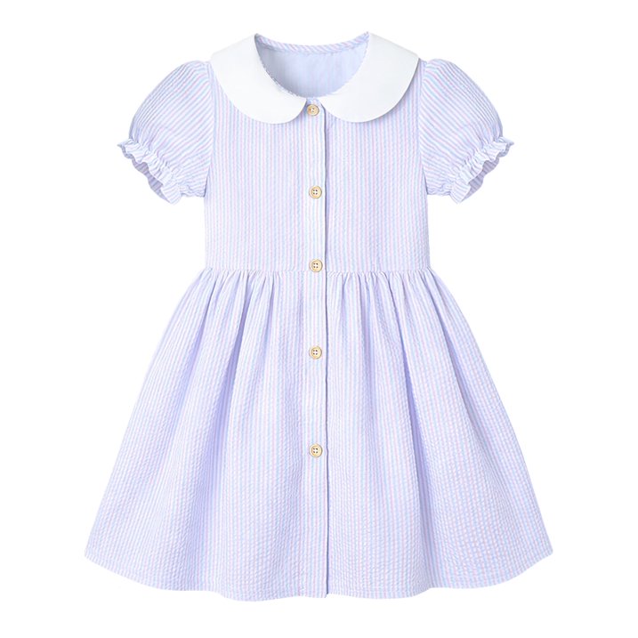 HILEELANG 2-7T Toddler/Little Girls Pastel Blue Pink Lavender Stripe 100% Cotton Dress