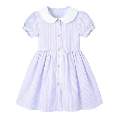 HILEELANG 2-7T Toddler/Little Girls Pastel Blue Pink Lavender Stripe 100% Cotton Dress