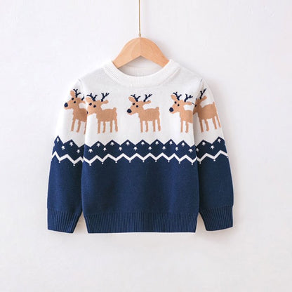 HILEELANG Toddler Boy Girl Sweater Christmas Knit Pullover Crewneck Offer White Blue Christmas Elk Deer Sweatshirts Holiday Sweater