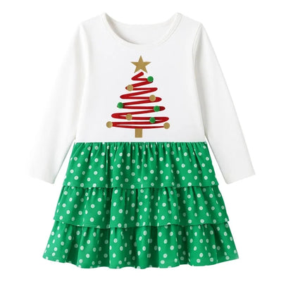HILEELANG Girls Christmas Dress White Long Sleeve, Toddler and Little Kids Holiday Outfit with and Christmas Tree Print, Festive Cotton Dress