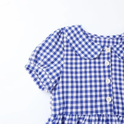 HILEELANG 3-13T Little/Big Girls Navy Gingham 100% Cotton Dress