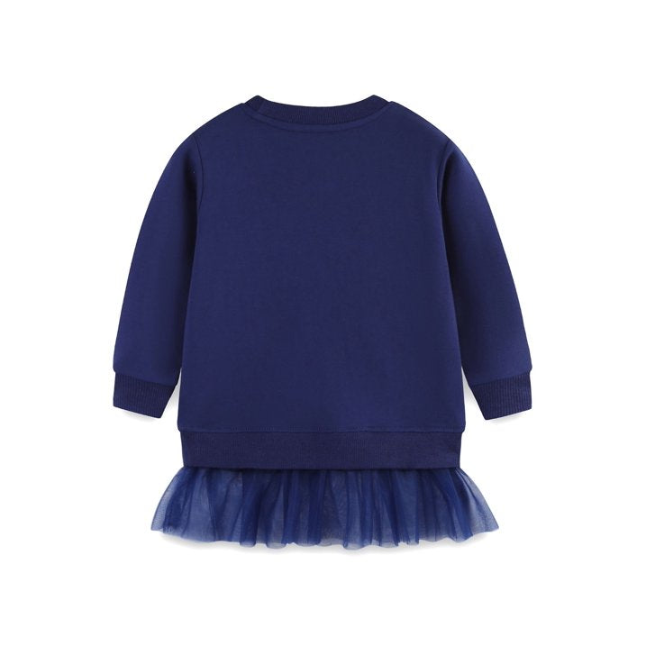 HILEELANG Toddler Girls(2-7Y) Navy Tulle Sweatshirt Long Sleeve Pullover Top for Fall Winter, Cotton Crewneck Shirt for Kids