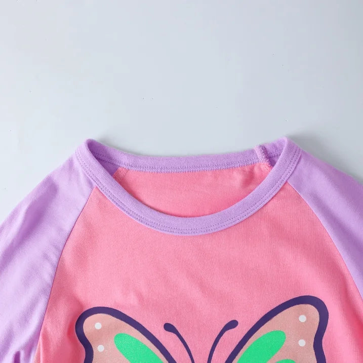 HILEELANG Toddler Girls Long Sleeve Raglan T Shirts 3 Pack – Pink Purple Butterfly, Pink White Ladybug, Pink Mint Bee – 100% Cotton Graphic Tops for Kids