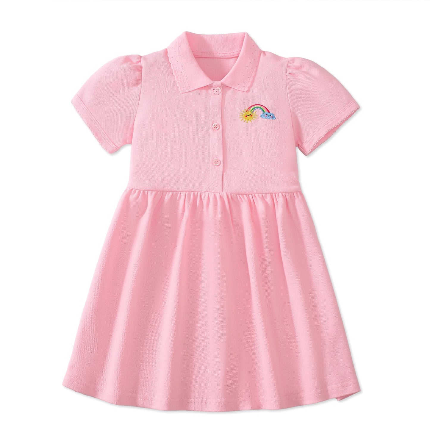 HILEELANG Toddler Little Girls 2 Pack Polo Dresses, Short Sleeve School Uniform Style Dress Set with Rainbow Embroidery