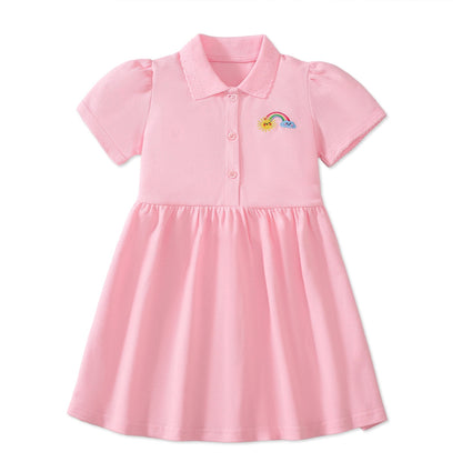 HILEELANG Toddler Little Girls 2 Pack Polo Dresses, Short Sleeve School Uniform Style Dress Set with Rainbow Embroidery