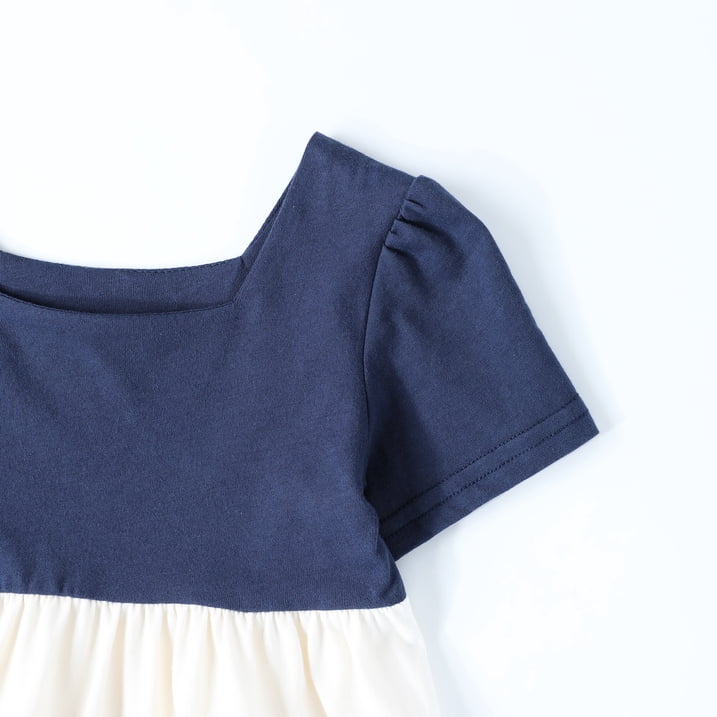 HILEELANG Toddler Girls 2-8T 100% Cotton Tiered Dress Solid Navy Short Sleeve Casual Dress
