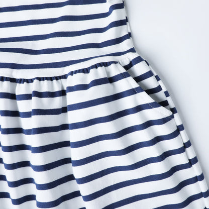 HILEELANG 2-8 Toddler Girls Navy White Stripe Yellow Trim Summer Play Dress