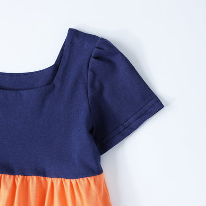 HILEELANG Toddler Girls 2-8T 100% Cotton Tiered Colorblock Dress Navy Colorblock Short Sleeve Casual Dress