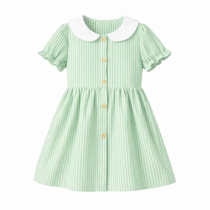 ILEELANG 2-7T Toddler/Little Girls Light Green White Stripe 100% Cotton Dress