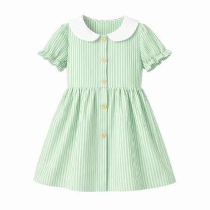 ILEELANG 2-7T Toddler/Little Girls Light Green White Stripe 100% Cotton Dress