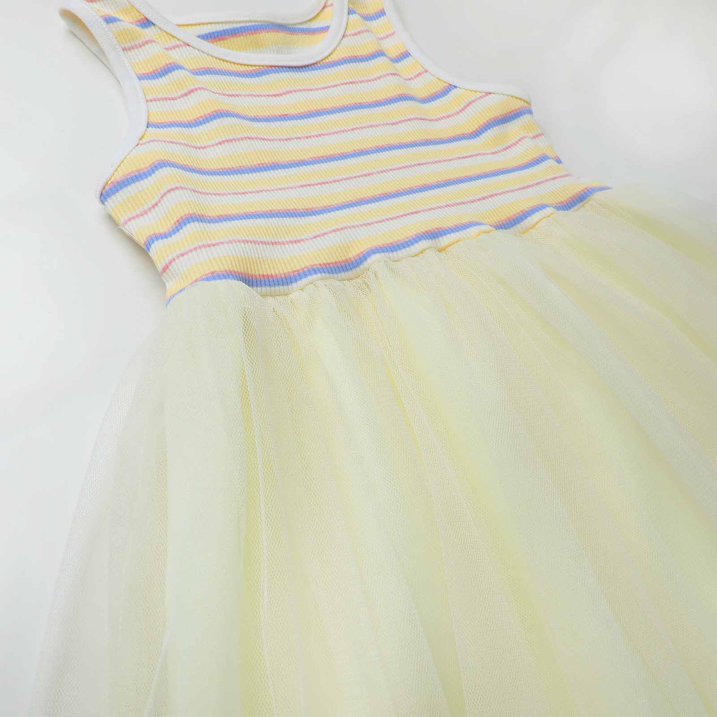 HILEELANG 2-7T Toddler Little Girls Multicolor Striped Ribbed Tulle Dress, Soft Yellow Sleeveless Summer Sundress
