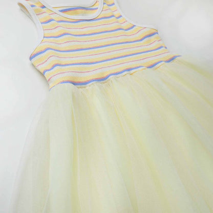 HILEELANG 2-7T Toddler Little Girls Multicolor Striped Ribbed Tulle Dress, Soft Yellow Sleeveless Summer Sundress