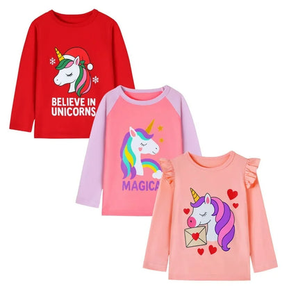 HILEELANG Toddler Girls Long Sleeve Unicorn T Shirts 3 Pack Christmas Red Unicorns Pink Purple Peach Ruffle Love Unicorn – 100% Cotton Fall Winter Kids Tops