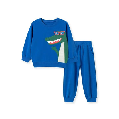 HILEELANG Toddler Boys（2-7Y) Blue Glass Dino Sweatshirt and Pants Set, 2 Piece Long Sleeve Outfit for Kids, Cotton Fall Winter Clothes