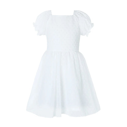 HILEELANG Girls White Swiss Dot Puff Sleeve Polyester Dress 4-5Y Little Girls