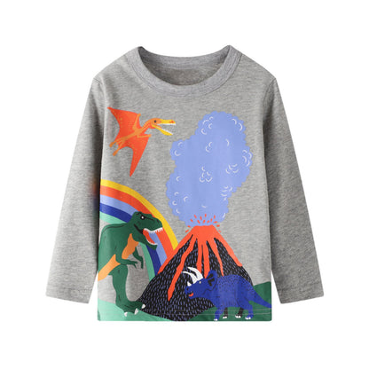 HILEELANG DINO TSHIRT: Toddler Kids Boy Long Sleeve Top Tee Shirt, Cotton Crewneck, Casual