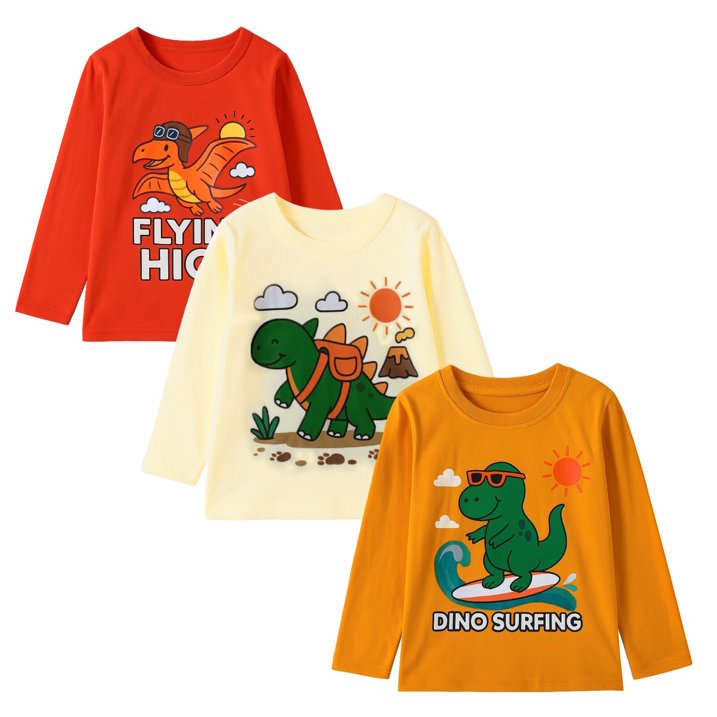 HILEELANG Toddler Boys（2Y-7Y) Shirt 3-Pack Dinosaurs Graphic Long-Sleeve Tees Winter Cotton Casual Crewneck T-Shirts