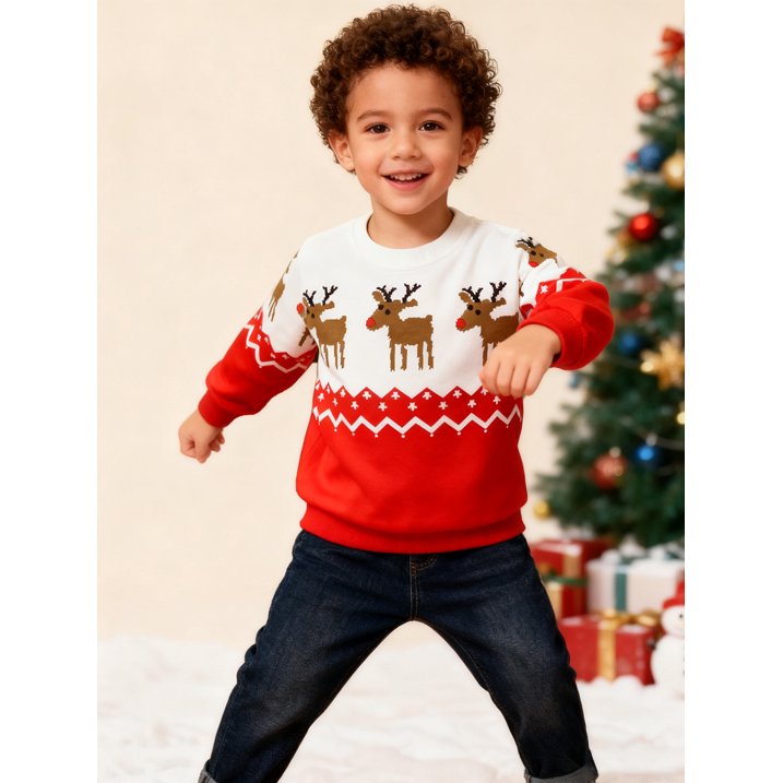 HILEELANG Toddler Boy（2-7Y) Sweatshirts Christmas Red Graphic Elk Pullover Cotton Crewneck Clothes