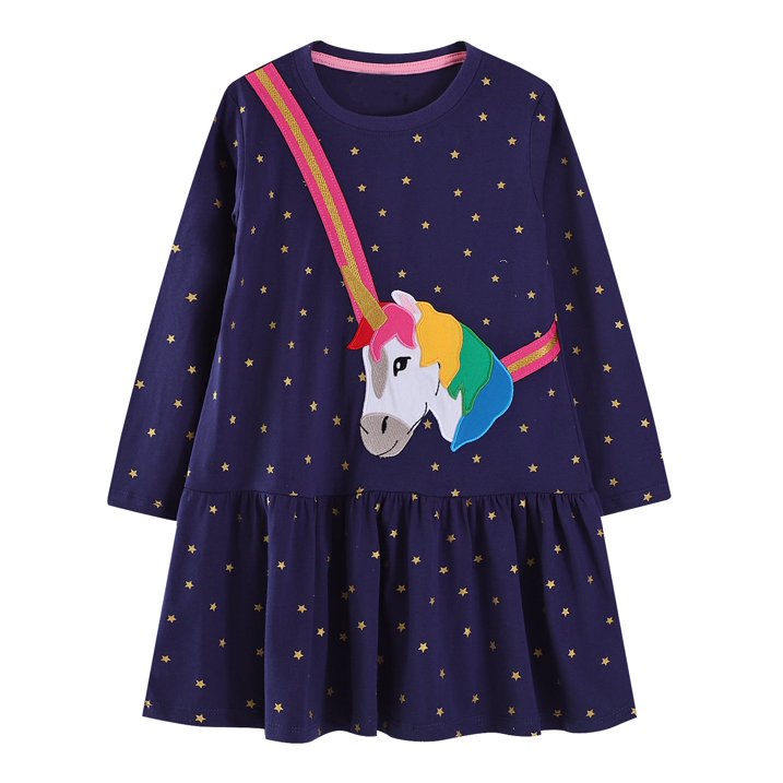 HILEELANG 100% Cotton Girls Long Sleeve Dress with NavyUnicorn ,NavyStripeDog,StripeStrawberry and FloralPumpkin – Ages