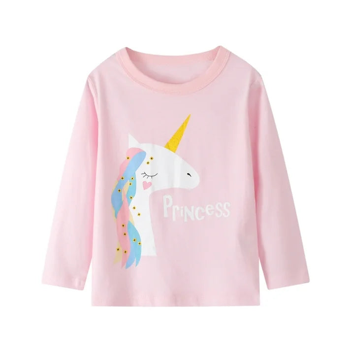 Toddler Girl Long Sleeve Tee Shirt 3 Pack Unicorn Elk Reindeer Graphic Winter Cotton Casual Crewneck T-Shirts
