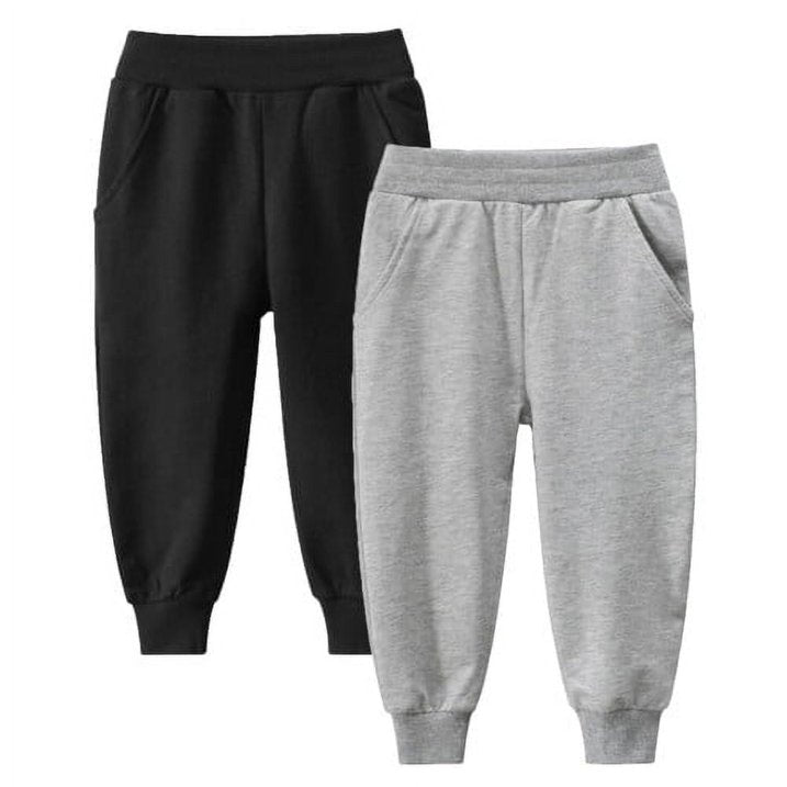 HILEELANG Kid's Cotton Cartoon Sweatpant Multipack - Toddler Boys' Jogger Pants 2-Pack, Black Grey