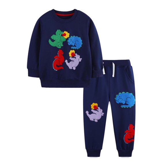 HILEELANG Toddler Boys（2-7Y) 2-Piece Outfit Set,3D Appliqué Dinosaur Patch Sweatshirt and Jogger Pants, Cozy Fall Spring Tracksuit