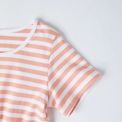HILEELANG 4–13 Little/Big Girls Pink White Stripe Casual Short Sleeve Dress with Waist Tie