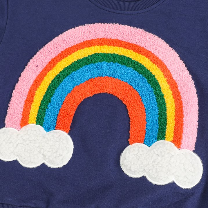 HILEELANG Toddler Girl Sweatshirts Navy Rainbow Towel Embroidery Applique Cotton Crewneck Pullover Tops Sweater Shirts