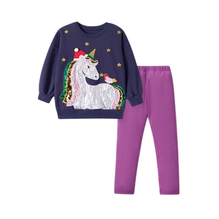 HILEELANG Toddler Girl Fall Outfits Clothing Pants Set Unicorn Sweatshirt（Age:2-7Y) Cotton Strench Purple Leggings Playwear Sets