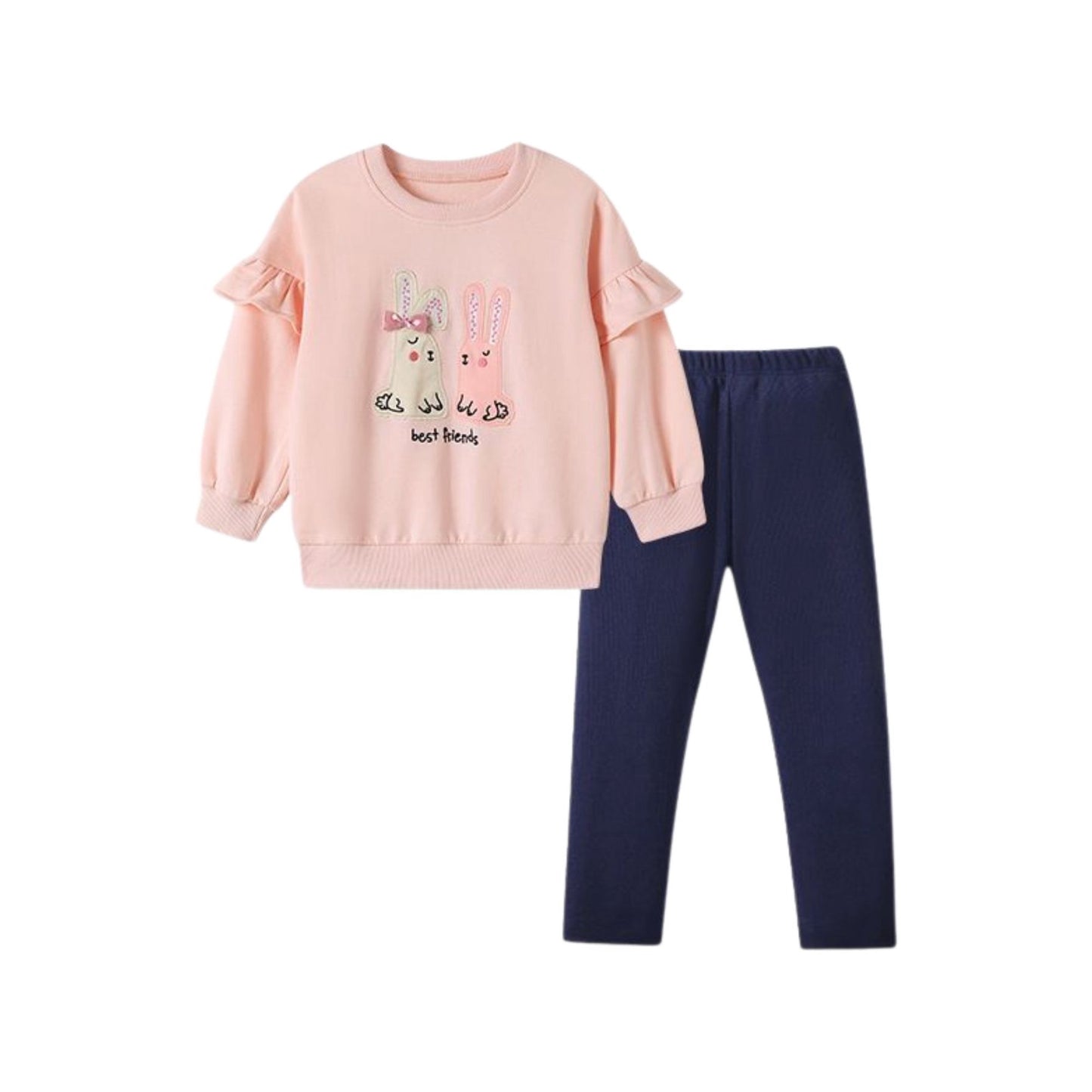 HILEELANG Toddler Girl Sweatshirt and Leggings Set（Age:2-7Y) – Lotus leaf Long Sleeve Pink Best Friend Pullover and Navy Pants, Fall Winter for Kids