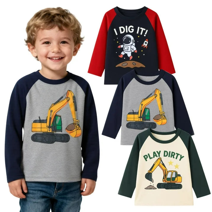 HILEELANG Toddler Boys（2Y-7Y) Shirt 3-Pack Excavator Graphic Long-Sleeve Tees Winter Cotton Casual Crewneck T-Shirts