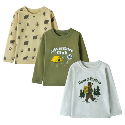 HILEELANG Baby Boys Shirt 3-Pack Bear Graphic Long-Sleeve Tees Winter Cotton Casual Crewneck T-Shirts