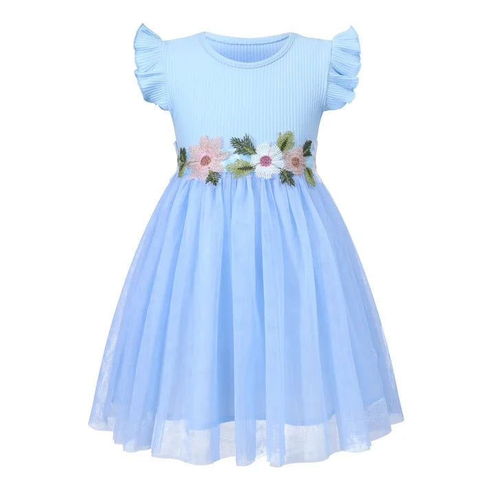 HILEELANG Toddler Little Girls Blue Tulle Dress, Floral Embroidered Flutter Sleeve Summer Party Tutu Dress