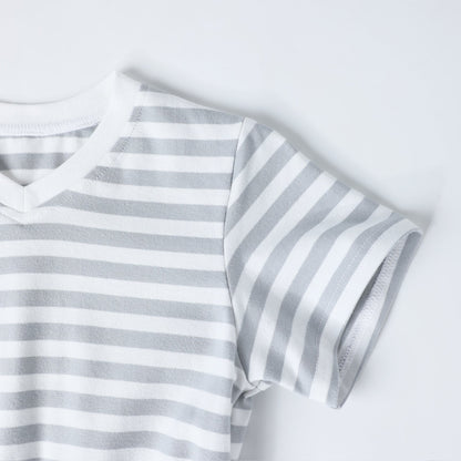 HILEELANG 4–13 Little/Big Girls Gray White Stripe V-Neck Short Sleeve Dress with Waist Tie