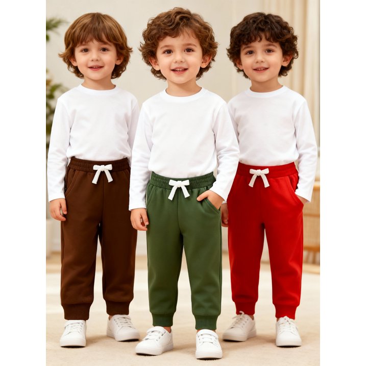 HILEELANG Baby Boys Cotton Jogger Sweatpants 3 Pack, Red Brown Green Soft Elastic Waist Playwear Sport Pants with Pockets