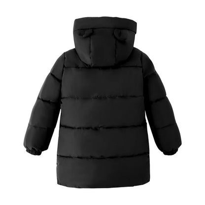 HILEELANG Kids Black Mid-Length Puffer Coat – Thick Quilted Winter Jacket with Bear Ear Hood, Warm Insulated Outerwear for Boys & Girls